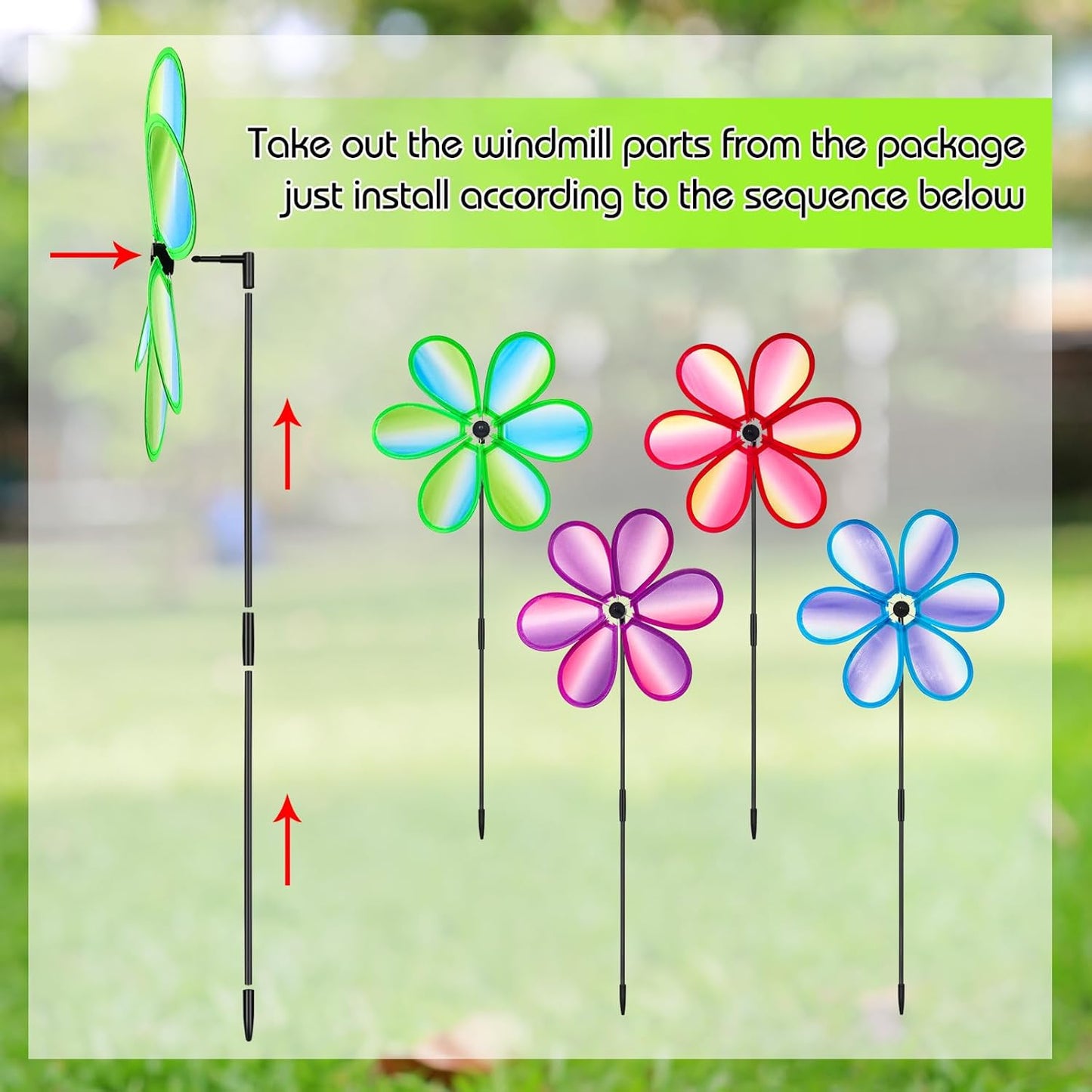 4PCS Wind Spinners for Yard and Garden 11 Inches Colorful Lawn Pinwheels Flower Wind Spinners Decorative Whirligigs Windmill Kids Toys for Garden Outdoor Decor Gifts