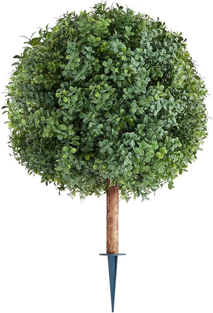 VEVOR Artificial Topiary Boxwood Trees with Ground Spike, 27 inch 2 Set Faux Shrubs & Bushes Potted Plants, Fake Silk Tree Look Real for Decor Front Porch Outdoor Indoor Patio Garden Balcony Backyard