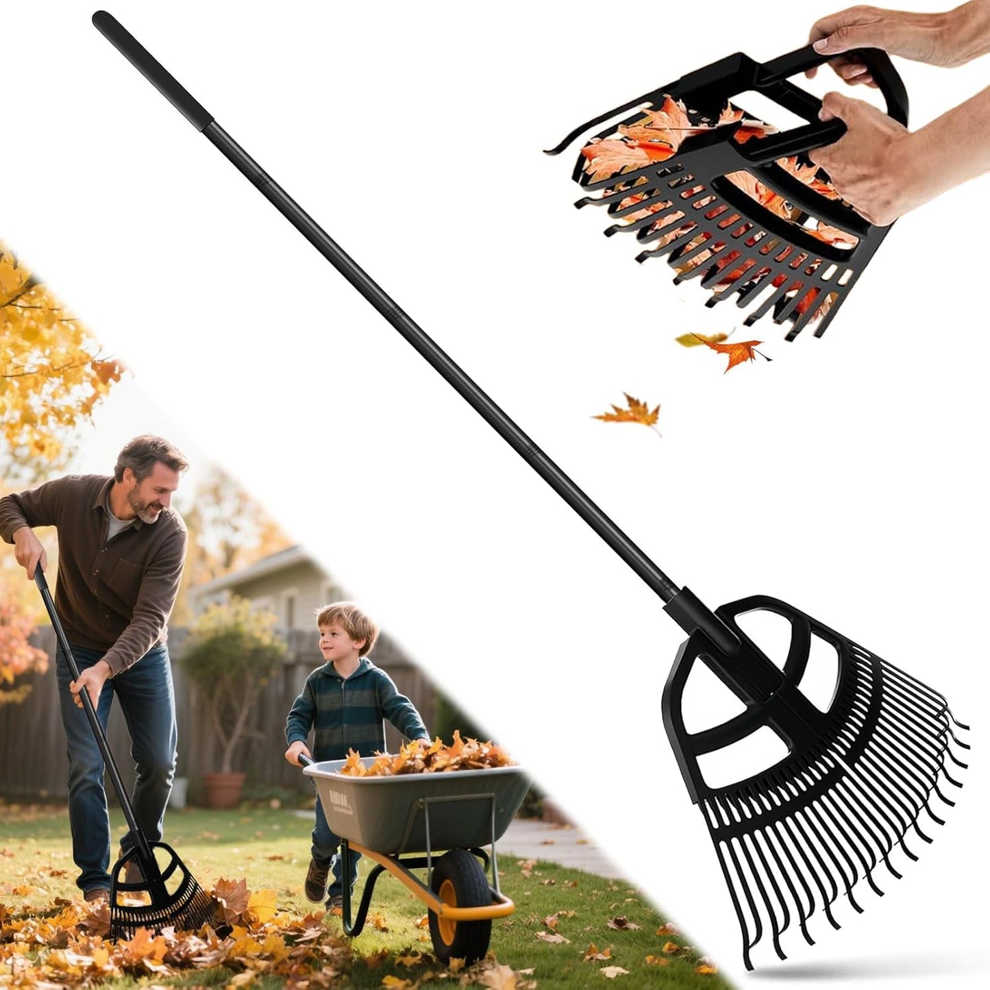 2 in 1 Garden Leaf Rake & Leaf Scoops, Adjustable Leaf Rake for Lawns with Grabber, Hand Rakes for Picking Up Leaves,Pine Needles, Gravel
