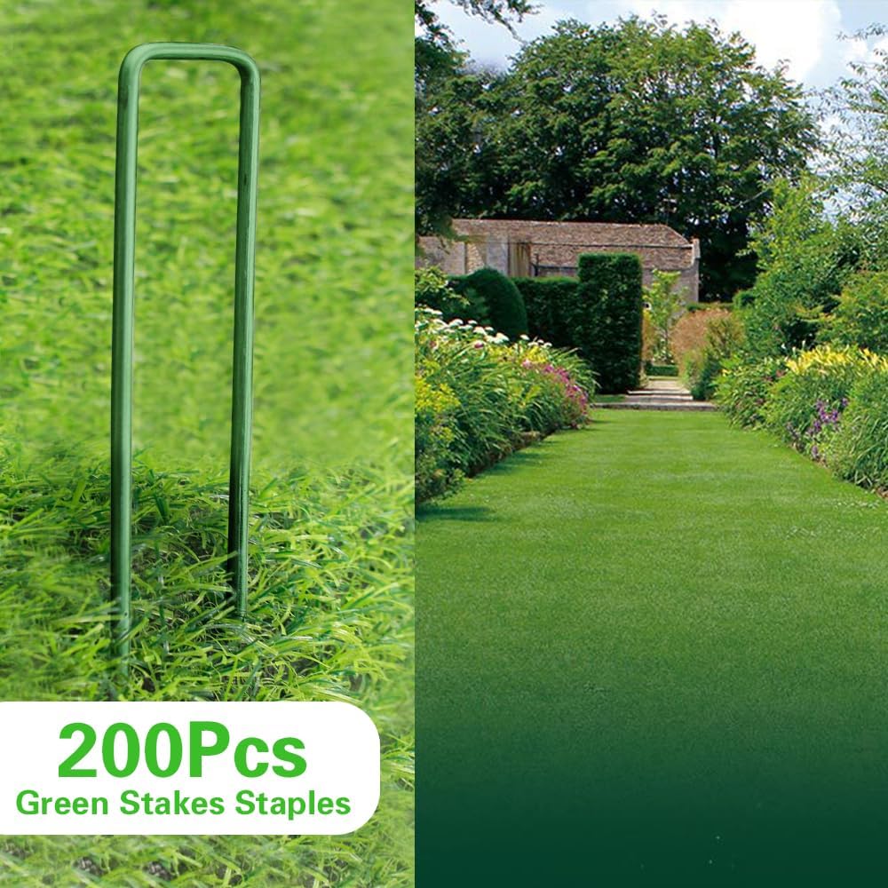 Bakulyor 200Pcs Green Landscape Staples 6 Inch Garden Artificial Turf Stakes Staples, 11 Gauge Lawn Galvanized Ground Fabric Pins for Weed Barrier Sod Decorations Holding Fence and Irrigation Tubing