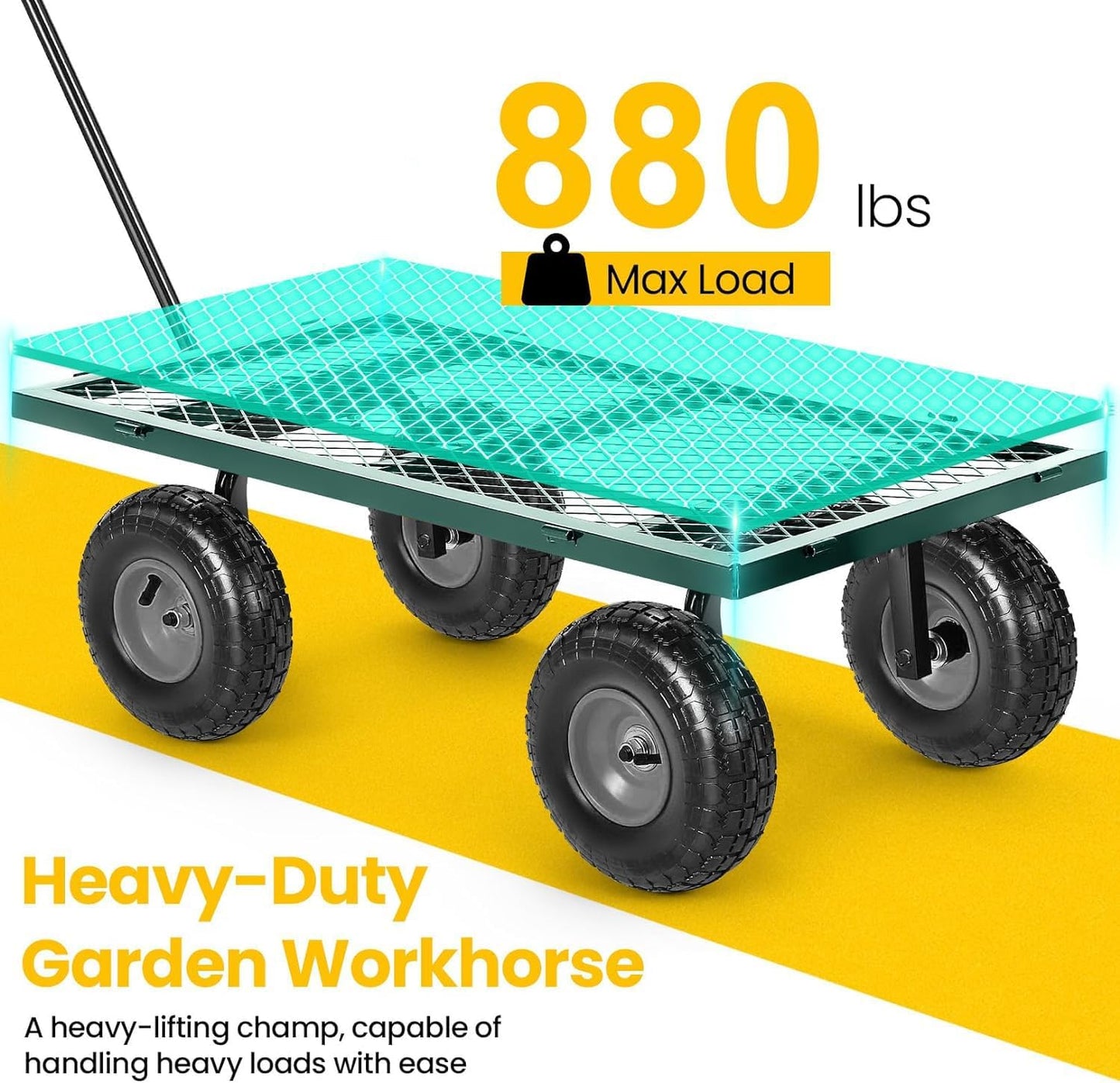Garden Cart, Heavy Duty 880 Lbs Capacity Mesh Steel Garden Cart with Removable Sides to Convert into Flatbed, Utility Metal Wagon with 180° Rotating Handle and 10 in Tires, Black