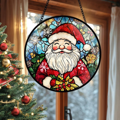 Santa Claus Stained Glass Window Hanging, Santa Stained Glass Window Hanging, Glass Ornament for Party Décor, Christmas Glass Decoration for Home, Merry Christmas Ornament Gifts for Family Friends