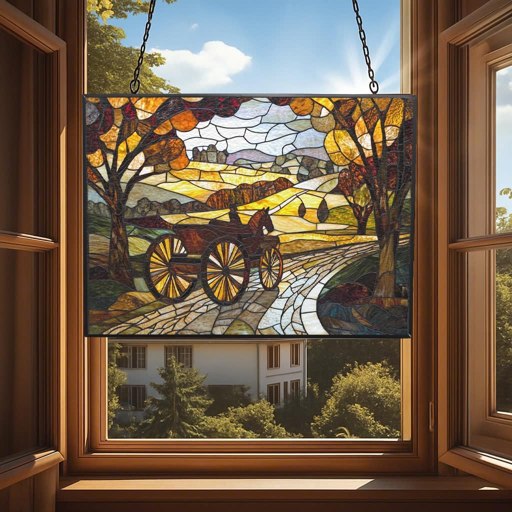 Personalized Rectangle Art Nouveau Carriage Road Suncatchers for Windows, Stained Glass Window Hangings,Hand-Painted Glass Panel Perfect for Home Décor