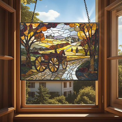 Personalized Rectangle Art Nouveau Carriage Road Suncatchers for Windows, Stained Glass Window Hangings,Hand-Painted Glass Panel Perfect for Home Décor