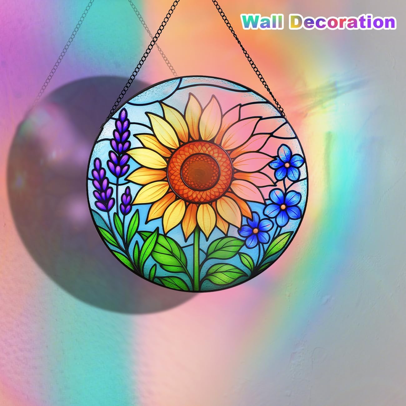 Sunflower Stained Glass Window Hanging – Round Sunflower Suncatcher for Window, Garden or Home Decor – Bright Floral Glass Panel Ornament (12 Inch)