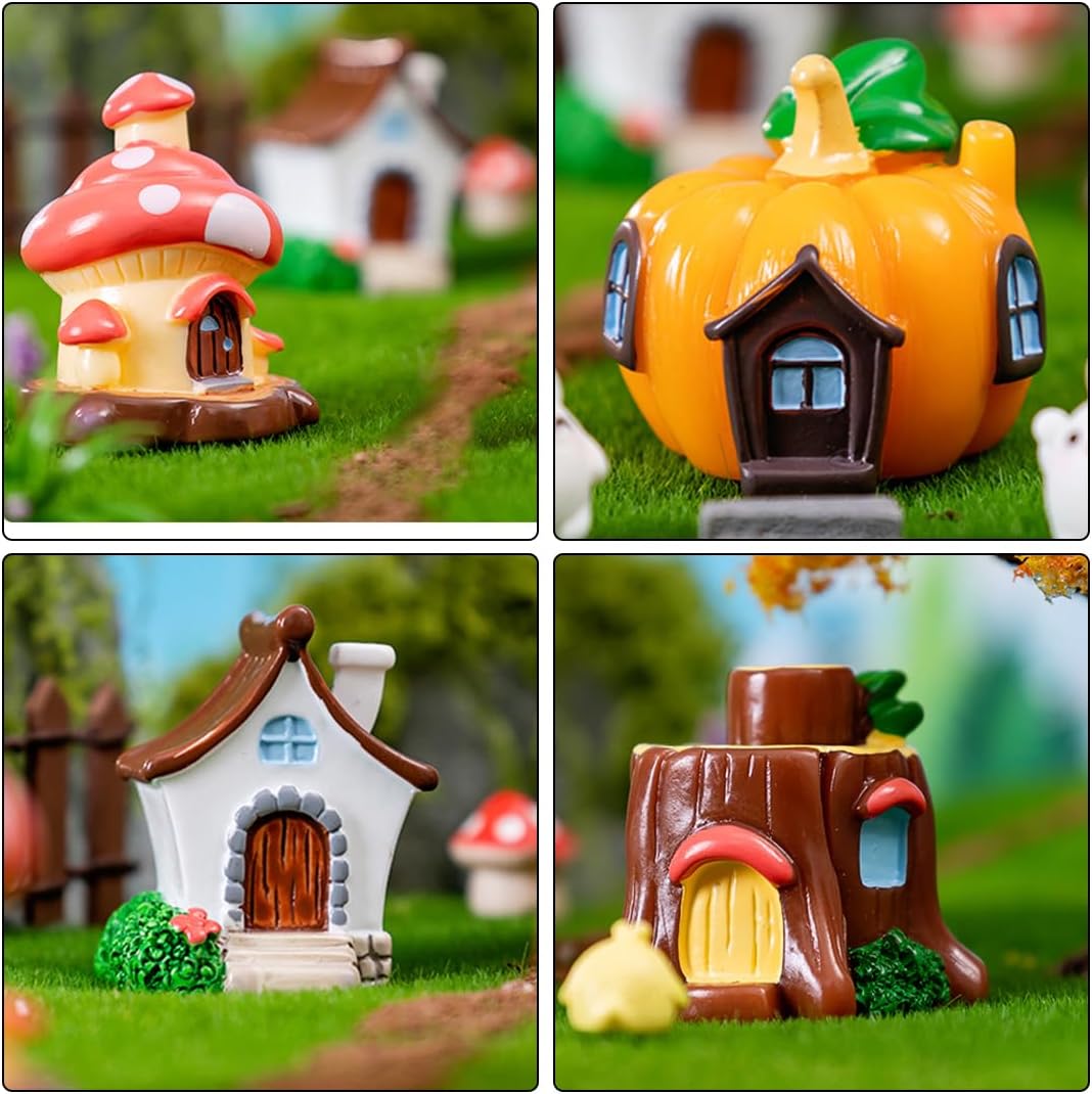 4 PCS Mini House Figurines, Miniature Village Hut Figurine, Fairy Garden Cottage Micro Landscape Ornaments Accessories for Bonsai, Succulent Planting, Flower Pots (4pcs)