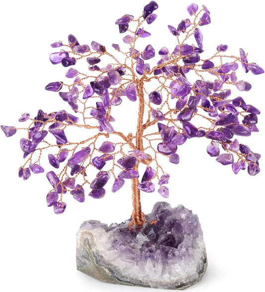Natural Amethyst Crystal Tree of Life with Amethyst Geode Cluster,Bonsai Feng Shui Money Tree,Chakra Balance Healing Crystals Positive Energy Gift 5.5"-6.3"