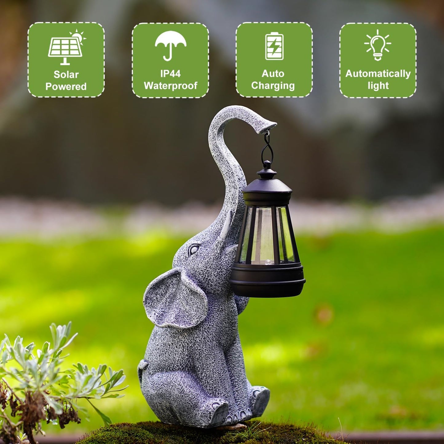 Garden Statues Elephant with Solar Lantern Outdoor Figurines Decorations for Patio Yard Lawn Ornaments Gifts for Birthday Mom Housewarming(Gray)