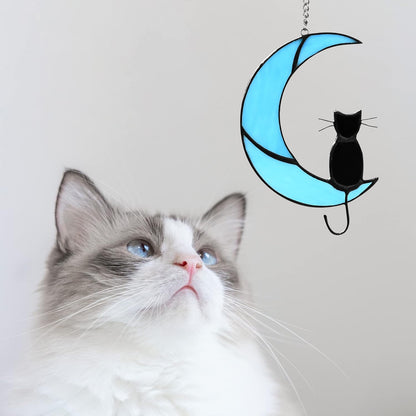 Cat Memorial Gifts Stained Glass Black Cat Decor Window Hanging Ornament Garden Suncatcher Gifts for Cat Lover Cat Gift for Women (Black Cat on Blue Moon)