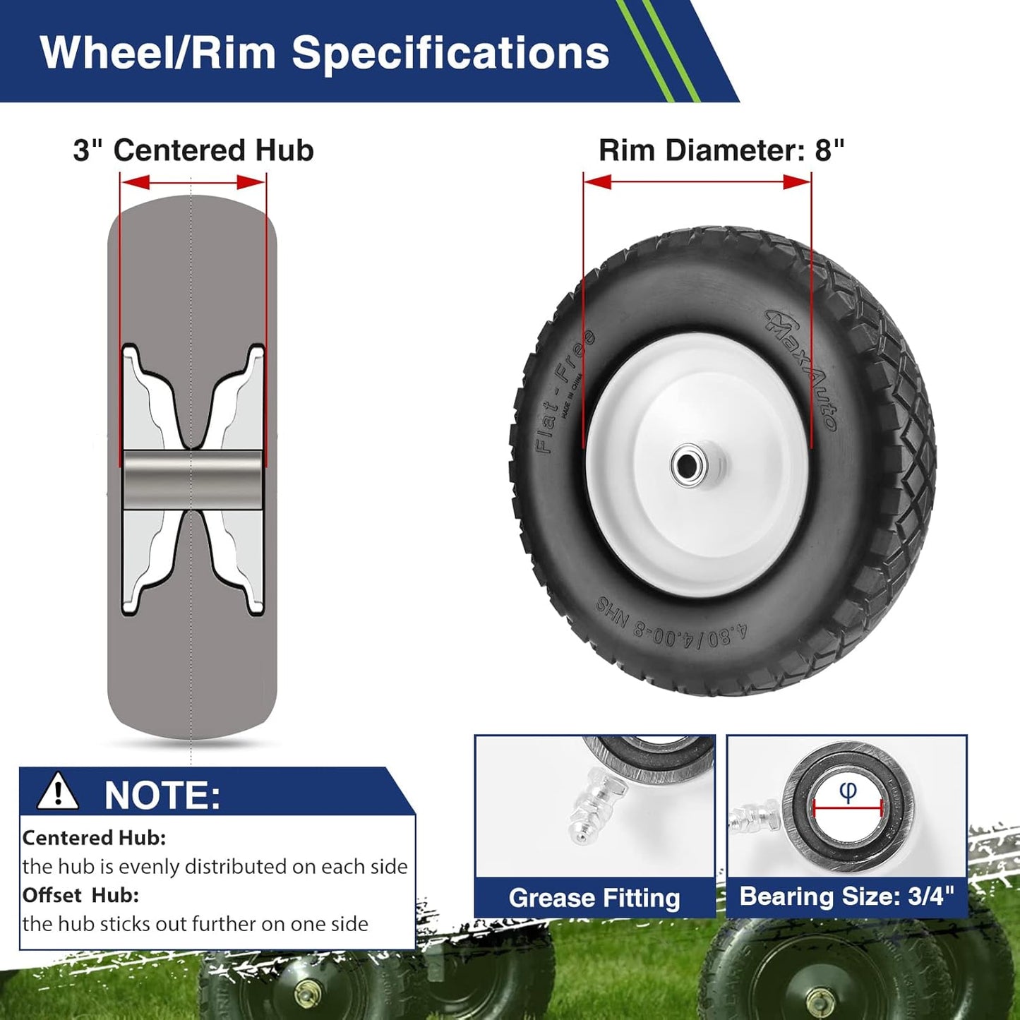 MaxAuto Wheelbarrow Tire 4.80 4.00-8 Flat-Free 4.80/4.00-8 Tire and Wheel w/Grease Fitting, 3" Centered Hub, 3/4" Bearings, 4.80 4.00-8 Tires for Hand Truck, Trolley, Garden Cart, Wagons