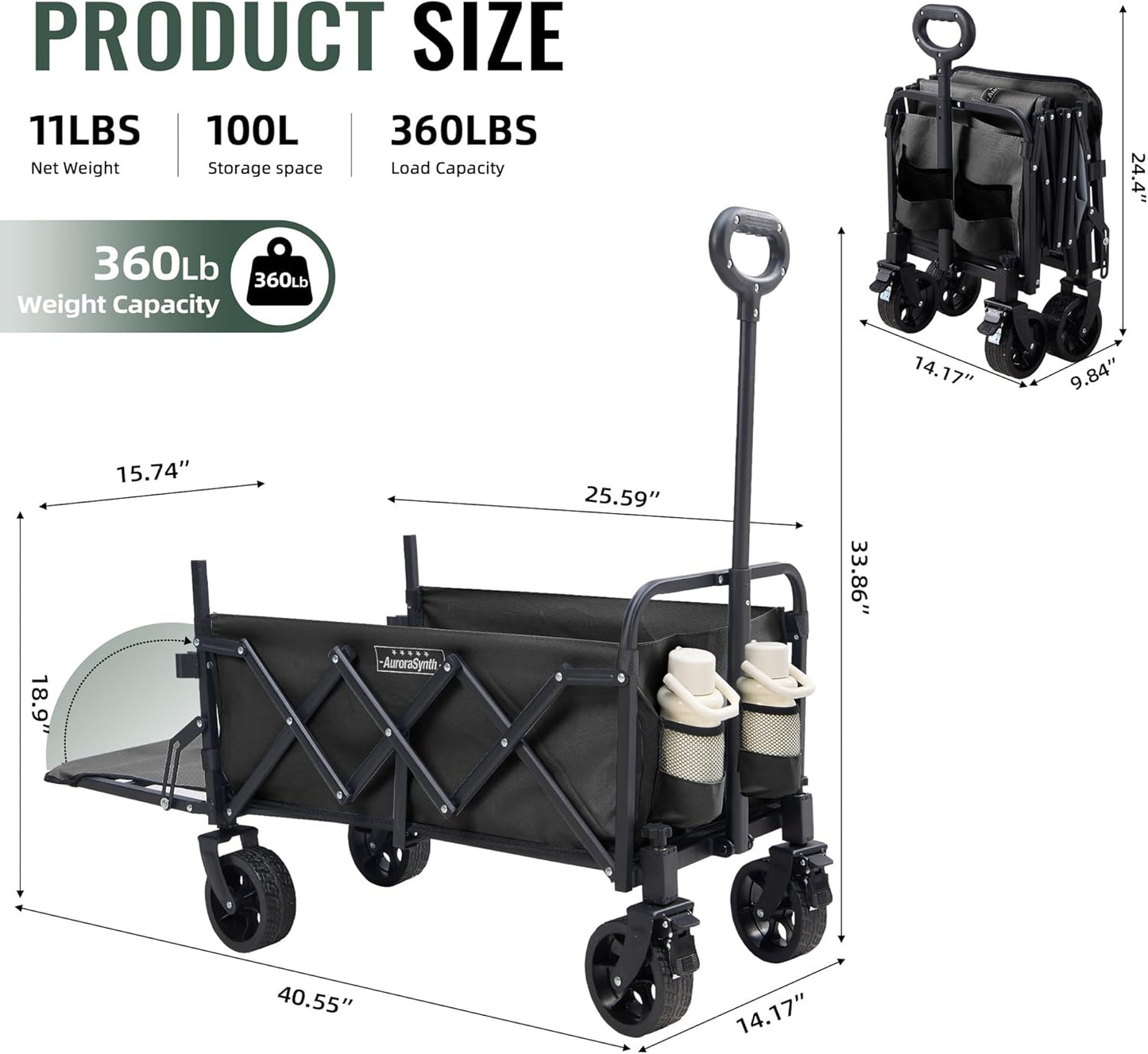 40'' Extra Long Collapsible Wagons Carts Foldable, 360LBS Foldable Wagon Cart with Wheels, Heavy Duty Portable Utility Wagon for Grocery, Shopping, Sports Garden & Camping - Black
