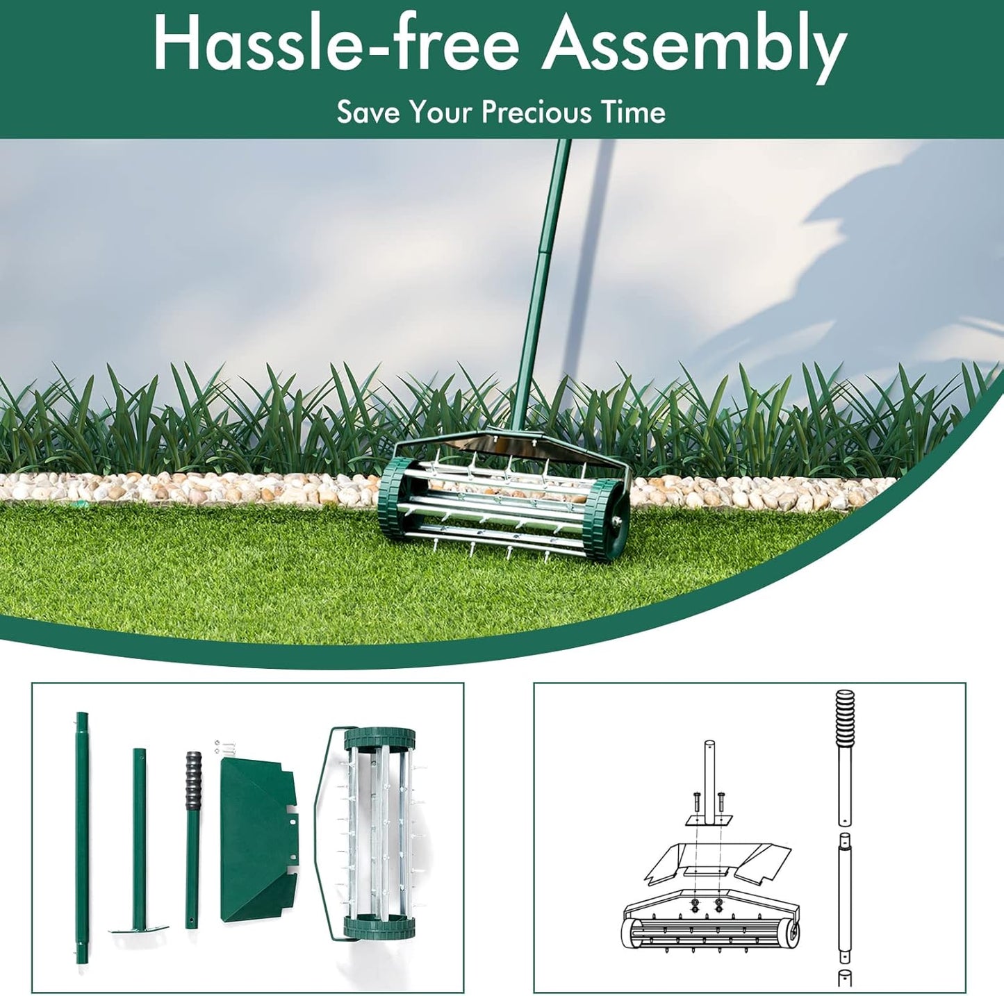 S AFSTAR Rolling Lawn Aerator with Fender, 18-Inch Hand-Push Lawn Aerator Roller W/50-Inch Anti-Slip Handle & Tine Spikes, Heavy-Duty Spike Soil Aeration Tool, Manual Lawn Aerator for Dirt Sand Clay