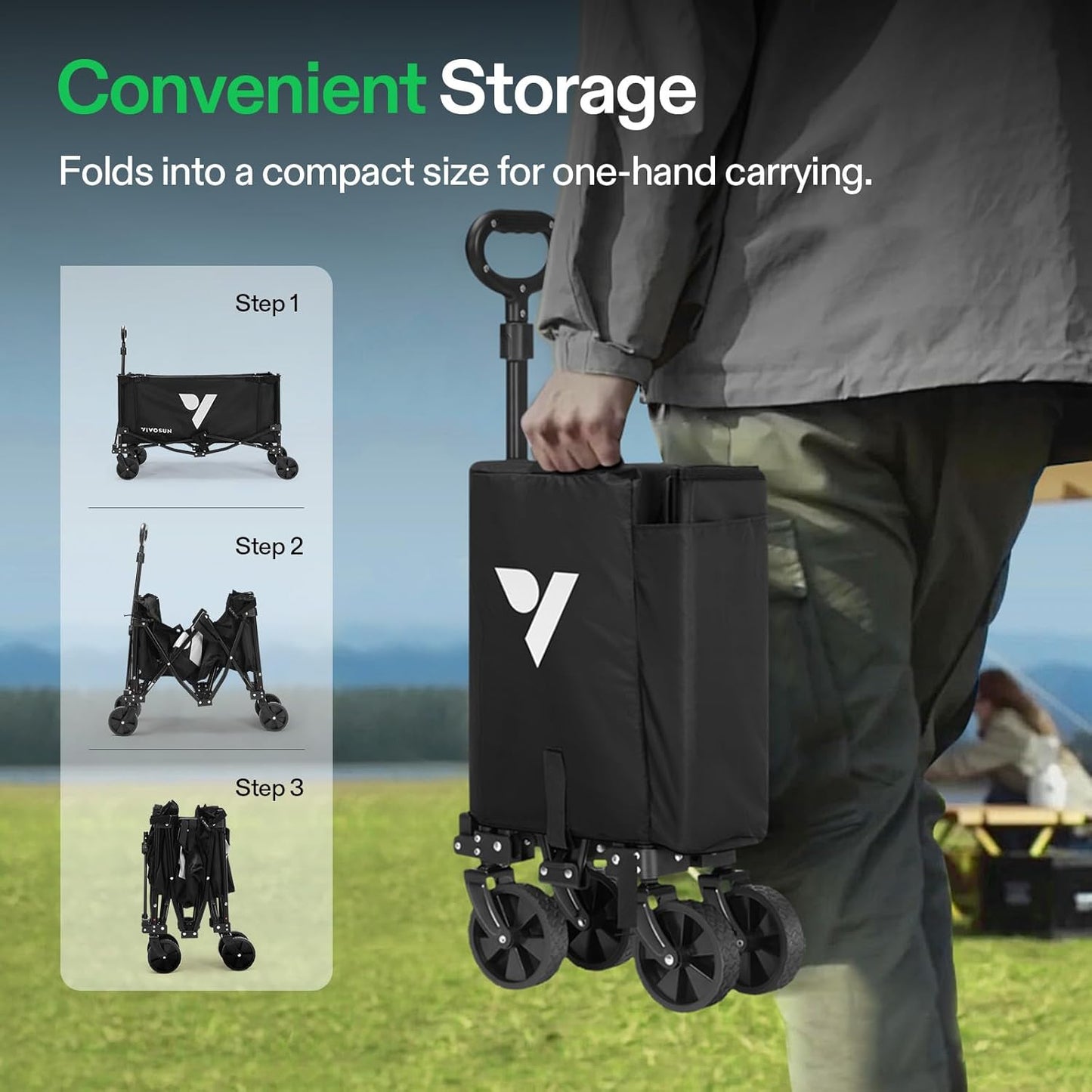 VIVOSUN Collapsible Wagon with Side Gates, 220lb Load-Bearing Outdoor Utility with All-Terrain Wheels, Adjustable Handle, Cup Holders for Camping, Shopping, Garden, Sports, Picnic, Black