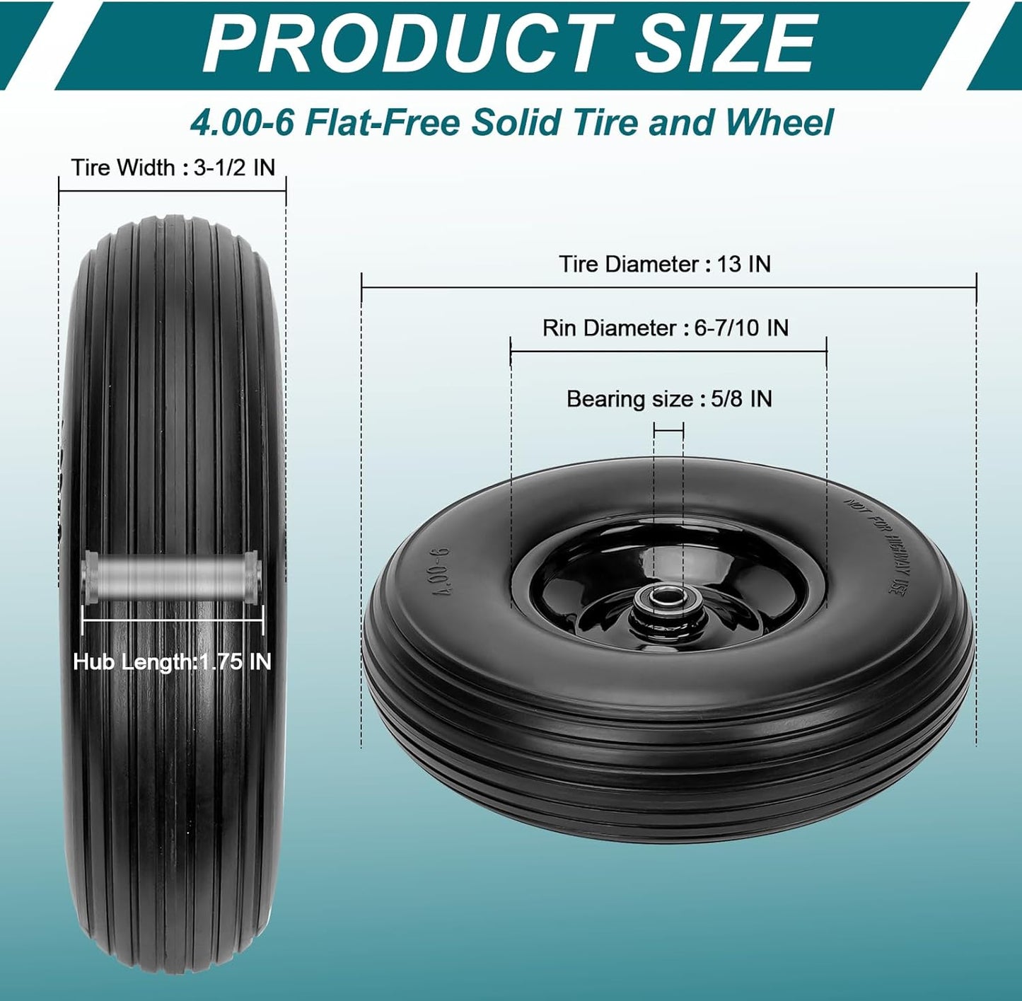 4.00-6 Flat-Free Solid Tire and Wheel 13" Wheelbarrow Tire by Cenipar With 3/4" & 5/8" Grease Bushing and 1.75" Centered Hub 4.00-6 tire and wheel for Garden Cart Trolley Hand Truck, 2 PC