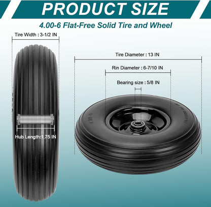 4.00-6 Flat-Free Solid Tire and Wheel 13" Wheelbarrow Tire by Cenipar With 3/4" & 5/8" Grease Bushing and 1.75" Centered Hub 4.00-6 tire and wheel for Garden Cart Trolley Hand Truck, 2 PC