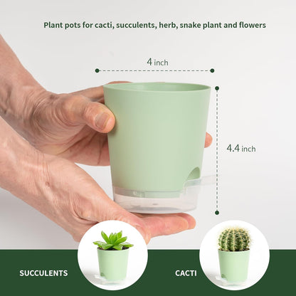 4 Inch 10 Pack Small Self Watering Pots for Indoor Plants, Nursery Pot with Drainage Holes and Saucers, Plastic Small Flower Planter for Succulent, Aloe, Cacti and More (Green)