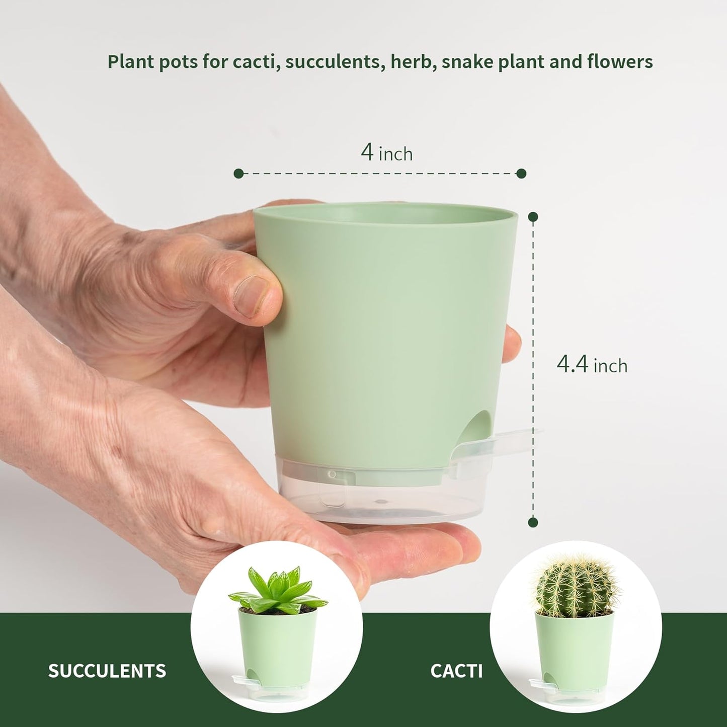 4 Inch 5 Pack Small Self Watering Pots for Indoor Plants, Nursery Pot with Drainage Holes and Saucers, Plastic Small Flower Planter for Succulent, Aloe, Cacti and More(Green)