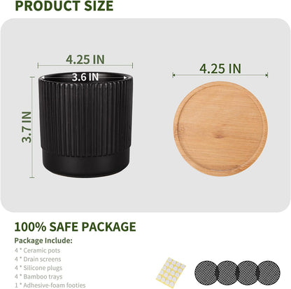 AOMRYOM 4.25 Inch Small Garden Ceramic Plant Pots with Drainage Holes and Tray, Modern Flower Planter Pots for Indoor Plants, Succulent, Cactus and Herbs, Black Stripe, Set of 4 (Plant Not Included)