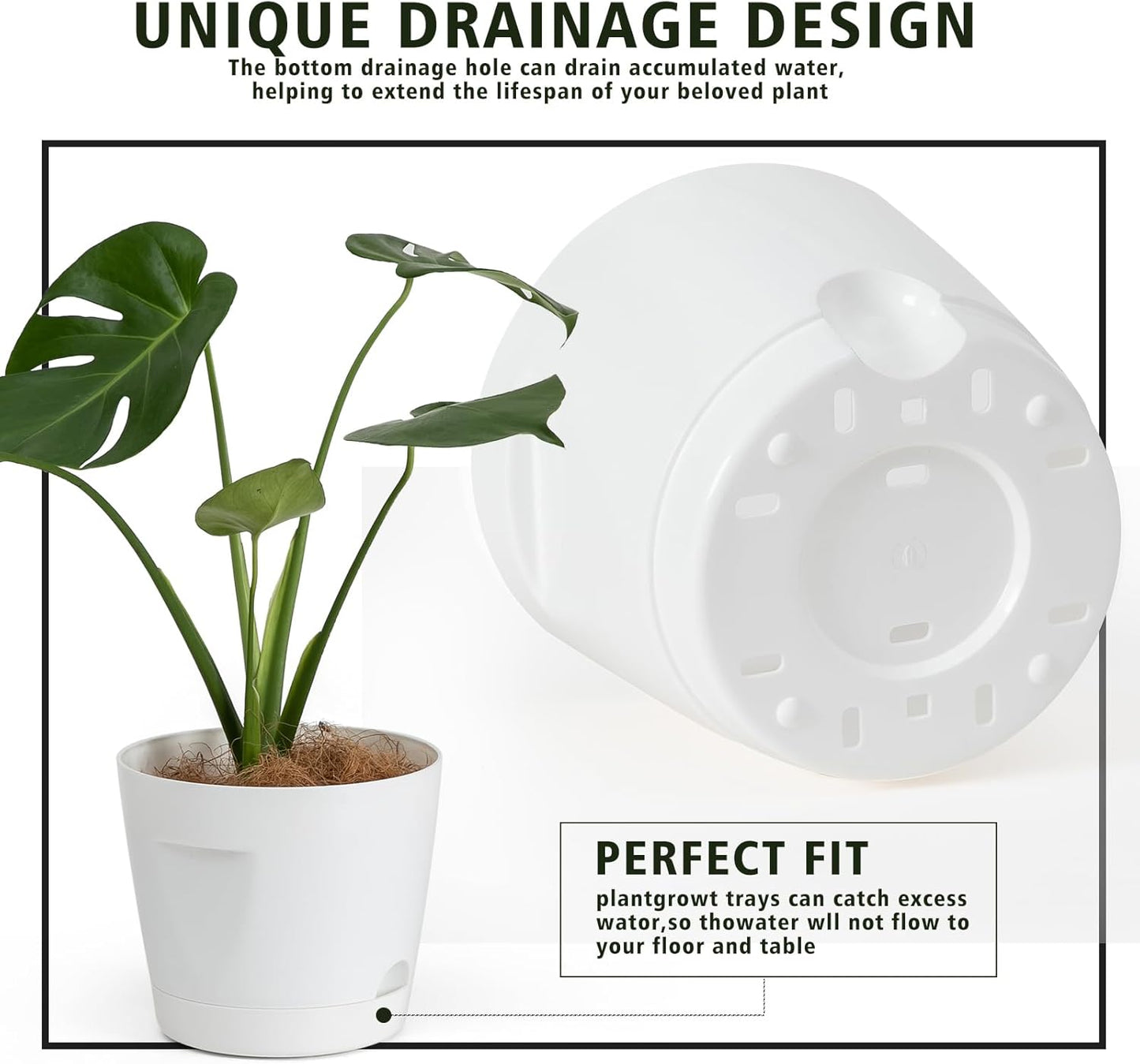 5 Pack Plastic Planters with Drainage, Self Watering Pots for Indoor Plants, Small Cute Plastic Pots in 5 Sizes, Ideal for Indoor Plants (White)