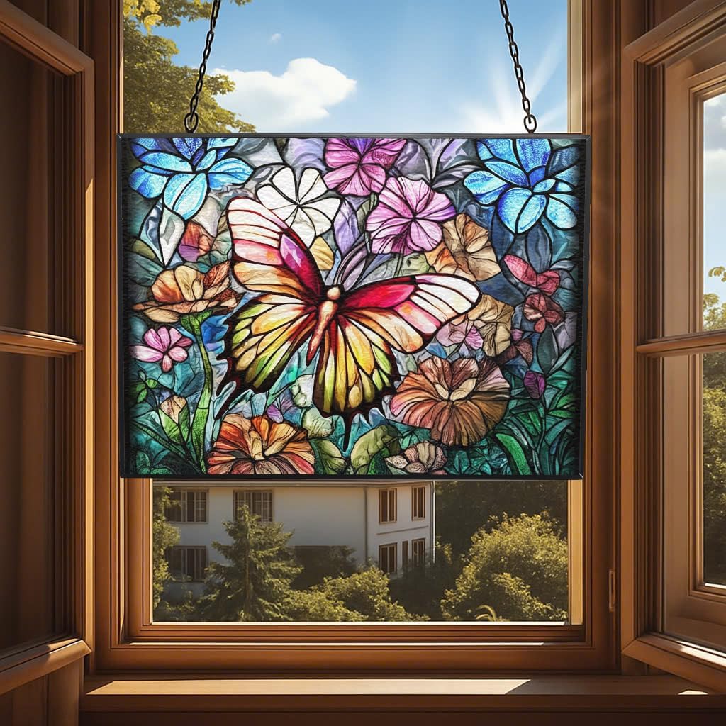 Rectangle Butterfly Suncatchers for Windows, Stained Glass Window Hangings,Hand-Painted Glass Panel Perfect for Home Décor