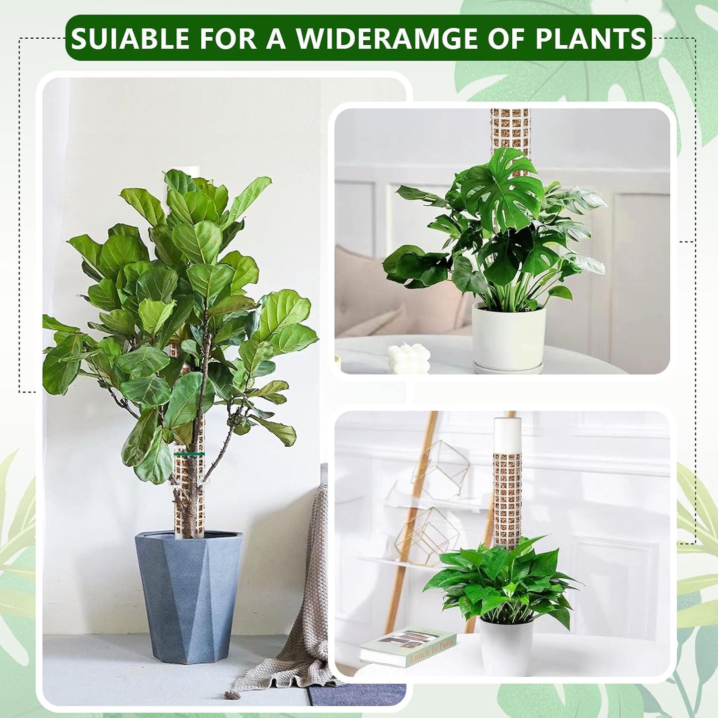 2 Pcs Plastic Moss Pole for Monstera, Large Cylindrical Shape Poles for Climbing Plants Work with Sphagnum Moss, 17.5 Inch linkable Plant Stake Set of 2, Garden Ties