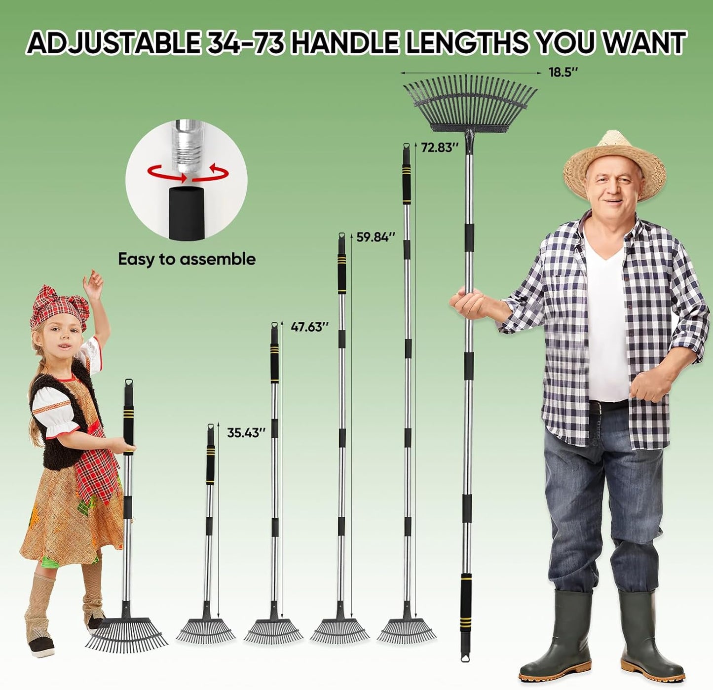 Rake Heavy Duty 6FT Long Garden Rake , 18.5 Inch Wide, 25 Metal Tines, Adjustable Stainless Steel Handle, Leaf Rakes for Leaves, Yards, Grass, Garbage, Weeds, Debris (Black)