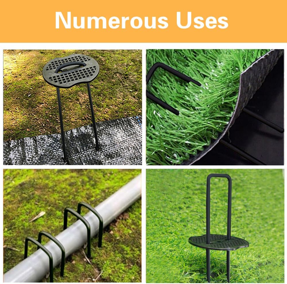 Bakulyor 200pcs Black Landscape Staples + 200pcs Buffer Washer, 6 Inch 11 Gauge Garden Stakes Staples, U Shaped Galvanized Lawn Pins Heavy Duty Yard Ground Pin for Weed Barrier Sod Fabric Decorations