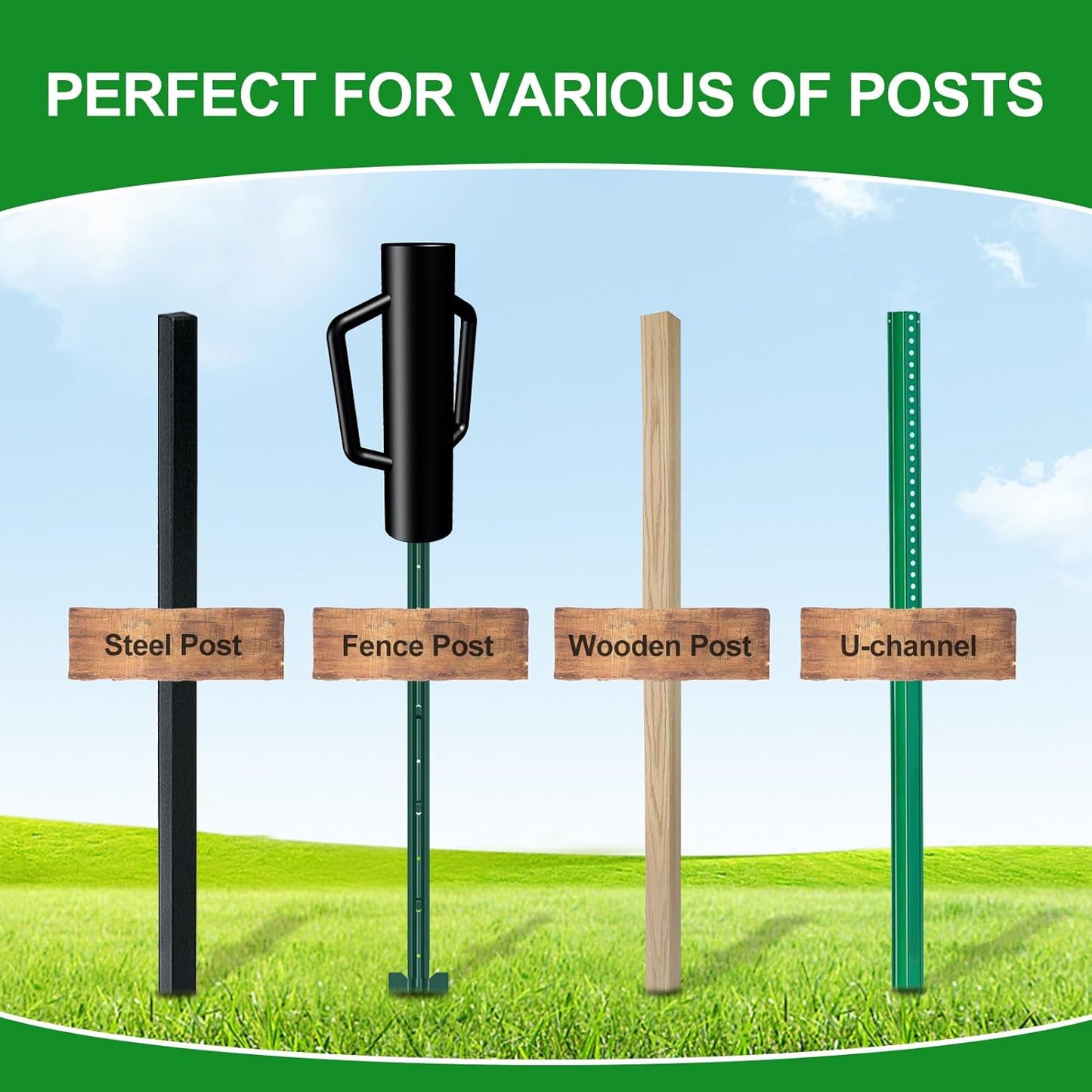 Fence Post Driver with Handle,17LB Hand Post Pounder,3.7 inches Inner Dia. Pole Rammer, Farm Wire Fencing for T Post, U-Channel Sign and Wooden Post, Black