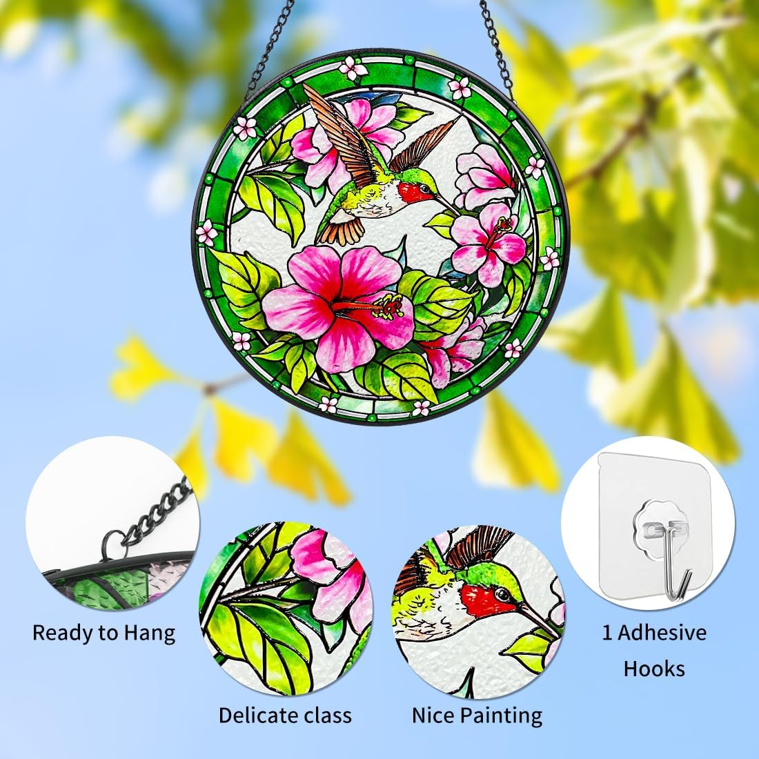Hummingbird Suncatchers for Windows Hanging - 8 inch Stained Glass Sun Catchers Indoor Window, Stain Glass Window Hanging for Home Garden Decor, Gifts for Holiday or Wall Art