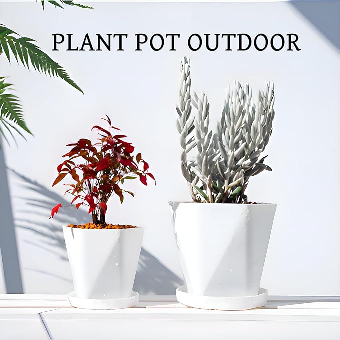 InmeRun Plant Pots Indoor Plastic Flower Pots Outdoor 5 inch Set of 6 Pack with Drainage Holes and Saucers for Garden Pots (7 inch 6white)