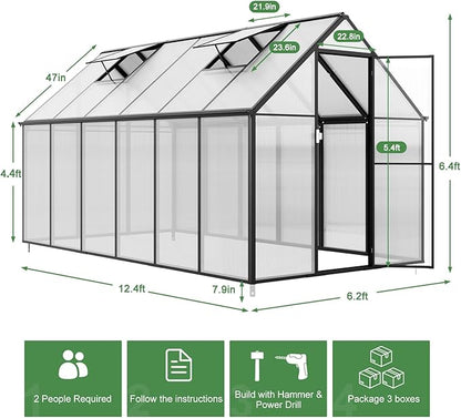 Polycarbonate Greenhouse Kit,12x6x6 FT Outsides Aluminum Frame Heavy Duty Green House with Transparent Panels Windows Door for Backyard Garden, Outdoor Walk in Plant Greenhouses,Black Frame