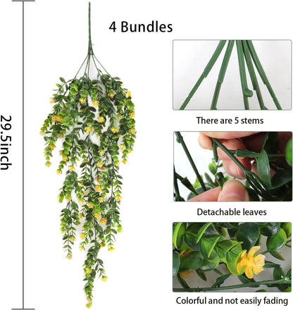 RECUTMS Pack of 4 Hanging Eucalyptus Plant Artificial Ivy Flower Vine Large Faux Wall Plants UV Resistant Greenery for Outdoor Patio Home Shelf Office Indoor Decor Yellow