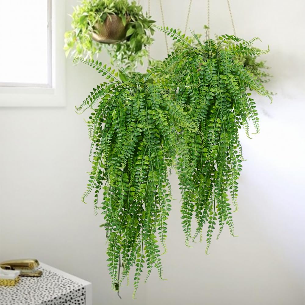 6 Pcs Artificial Hanging Ferns Plants Fake Hanging Plants Fake Ivy Boston Ferns Vine Outdoor Indoor Home Décor UV Resistant Plastic Plants (Green)