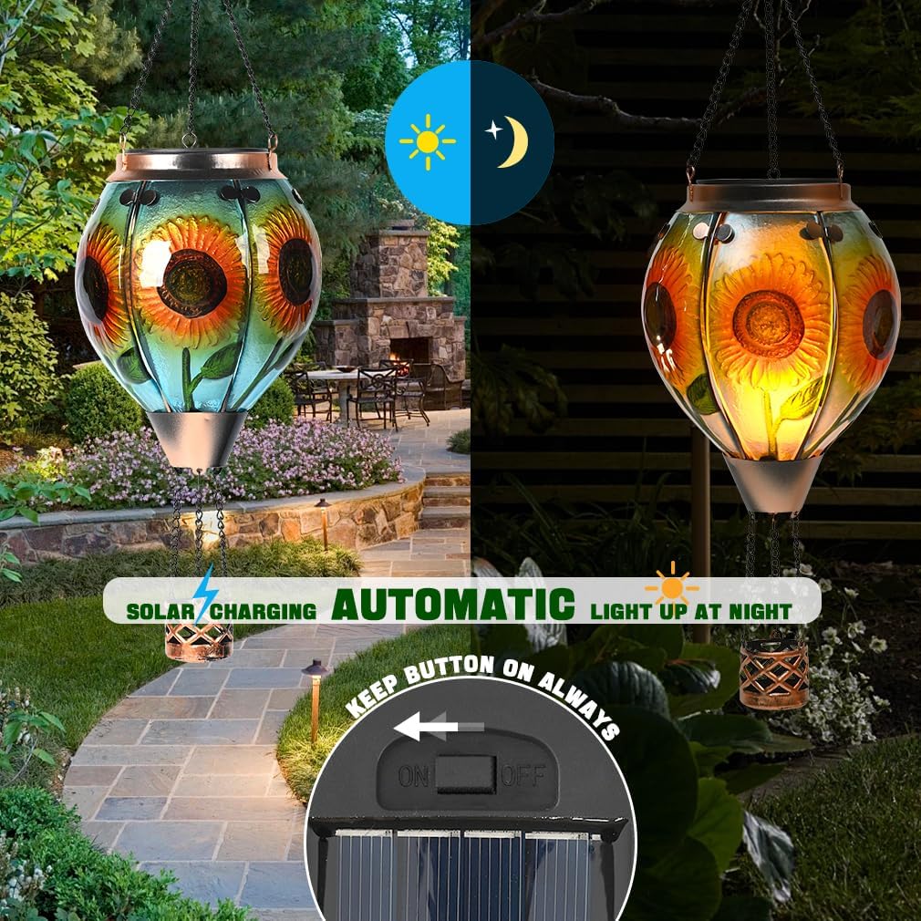 Hot Air Balloon Solar Lantern - Sunflower Glass Lantern, Simulated Flickering & Dancing Flame, Outdoor Hanging Yard Light Waterproof IP65 for Patio Lawn Porch Decor Gift
