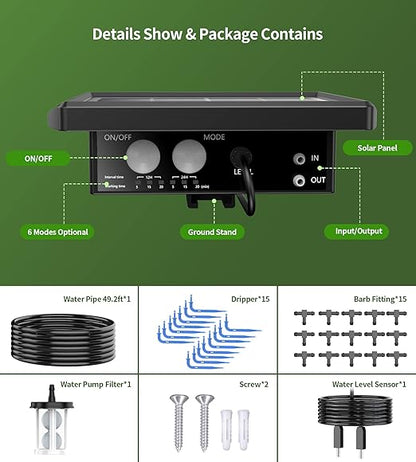 Solar Auto Drip Irrigation Kit System, Solar Powered Plants Watering System, Self Watering Devices Supported 15Pots with 6Timing Modes, Irrigation System for Indoor and Outdoor,Balcony Patio & Garden