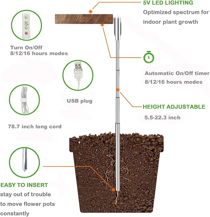 yadoker Plant Grow Light, LED Growing Light Full Spectrum for Indoor Plants,Height Adjustable, Automatic Timer, 5V Low Safe Voltage,Idea for Small Plant Light