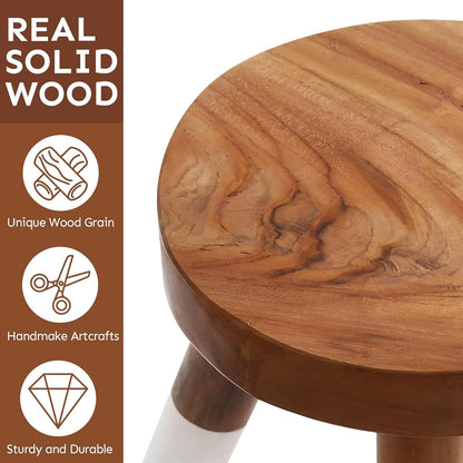 Teak 11.8" Round Dip Dyed Teak Stool | Wood Accent Side Table | Wood Plant Stand (24" Tall White)