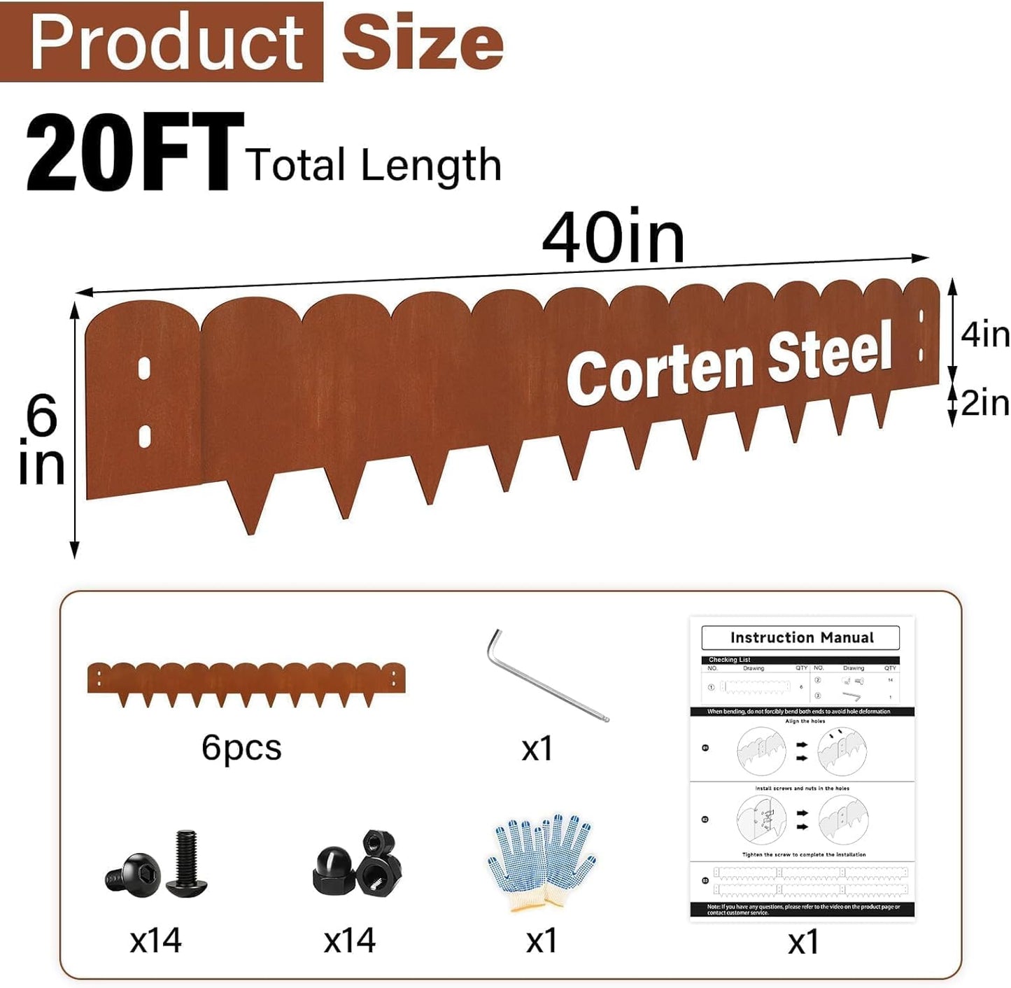 Cor Ten Steel Landscape Edging 6 Inch Tall X L 40 Inch, Rustic Bendable Metal Edging for Landscaping, Garden, Lawn, Flower Beds, Yard| DIY Rust-Resistant Scalloped Garden Border(Total 20ft.)