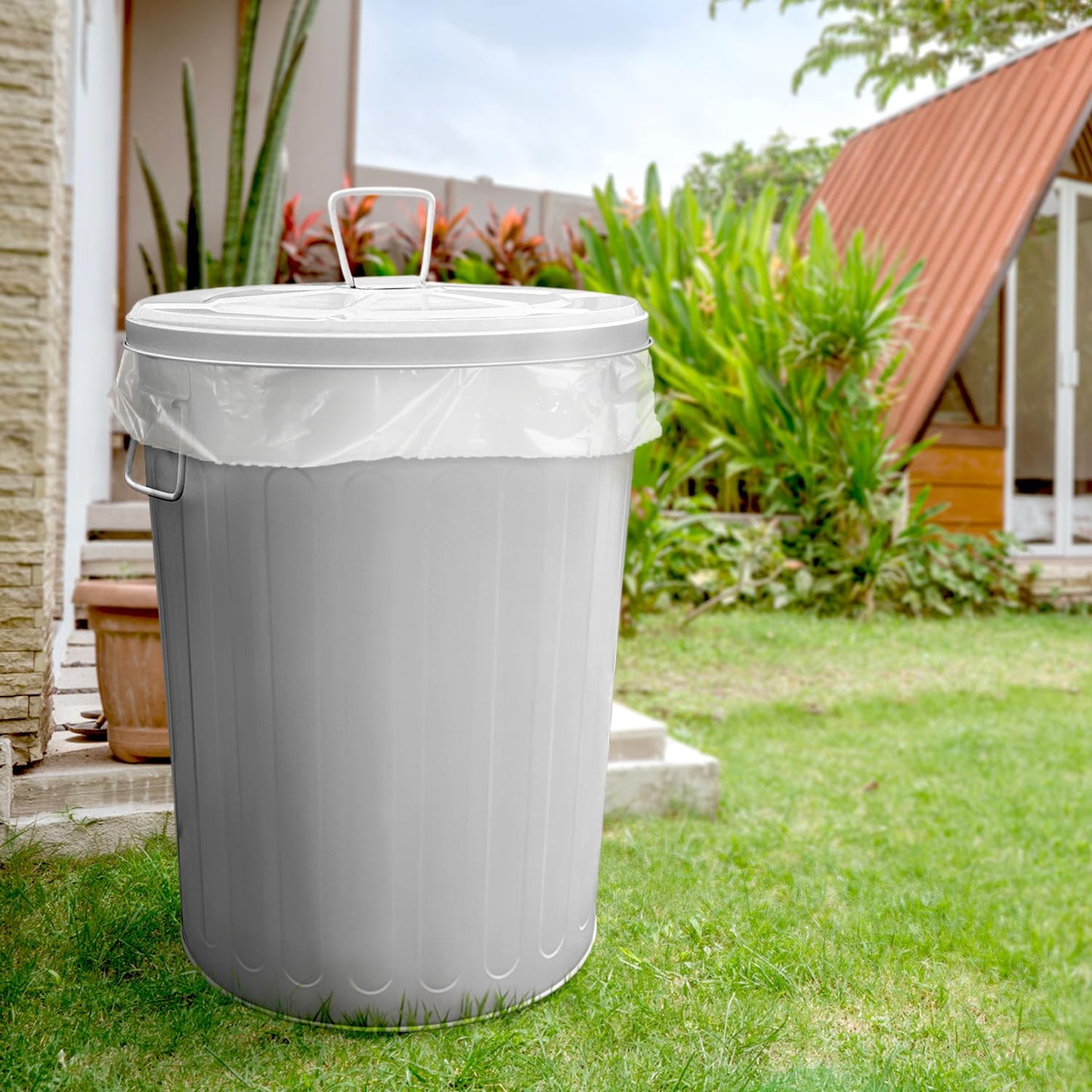Plexon Large Metal Trash Can with Lid 20 Gallon, Decorative Outdoor Trash Can Heavy Duty Galvanized Metal Bucket with Lid for Garage Workshop Ash Storage Farmhouse, Gray 6 Pack