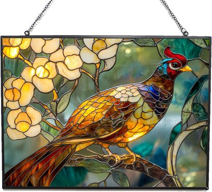 Customized Rectangle Art Nouveau Golden Pheasant Stained Glass Suncatcher Stained Glass Window Hangings Birthday Gift for Mom Grandma Teacher Women Friend Memorial Hook
