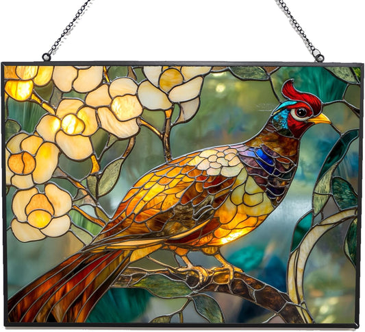 Customized Rectangle Art Nouveau Golden Pheasant Stained Glass Suncatcher Stained Glass Window
