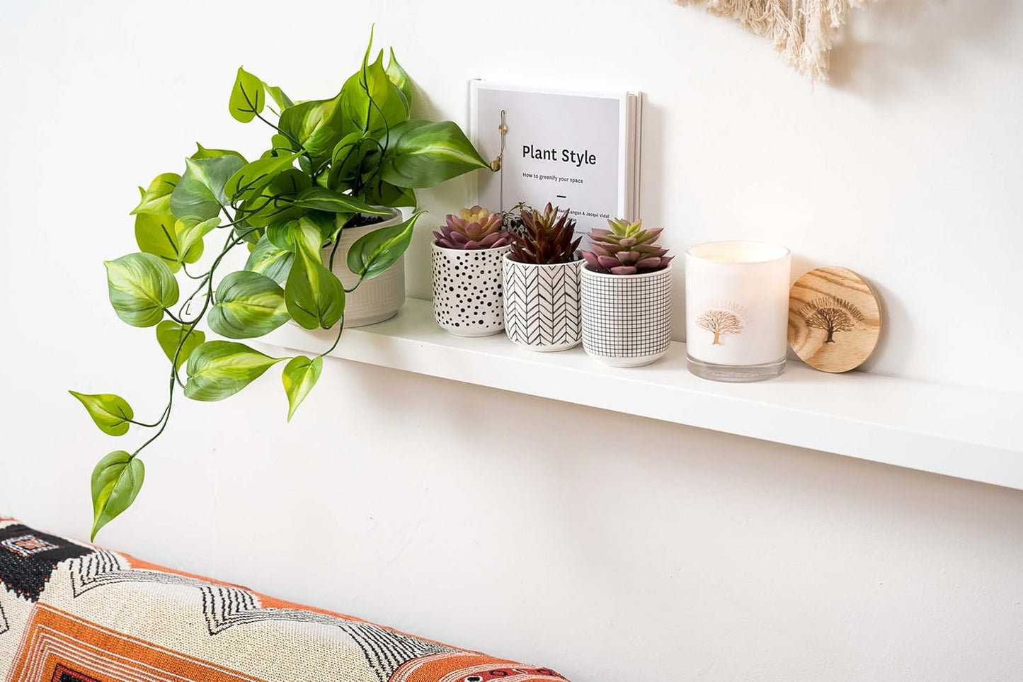 Kurrajong Farmhouse Dark Green Fake pothos | Fake Plant for Shelf Decor | Artificial Trailing Ivy Plant with 5" Wide x 3.5" high Ceramic Pot Faux pothos Plant for Floating Shelves