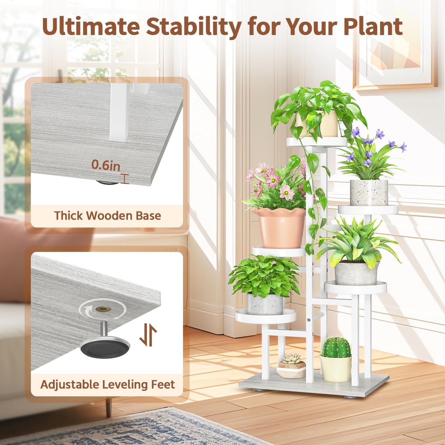 LASZOLA White 5 Tier Plant Stand Indoor Heavy Duty Rack for Modern House Planter, Metal and Wooden Vertical Organizer Decor Narrow Bathroom Floor, Sturdy Multi Level Flower Holder Raised, Cat Proof