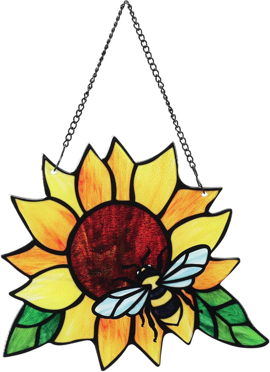 Stained Glass Suncatcher, Sunflower and Ladybug Window Hanging, Hand-Painted (Style 3)