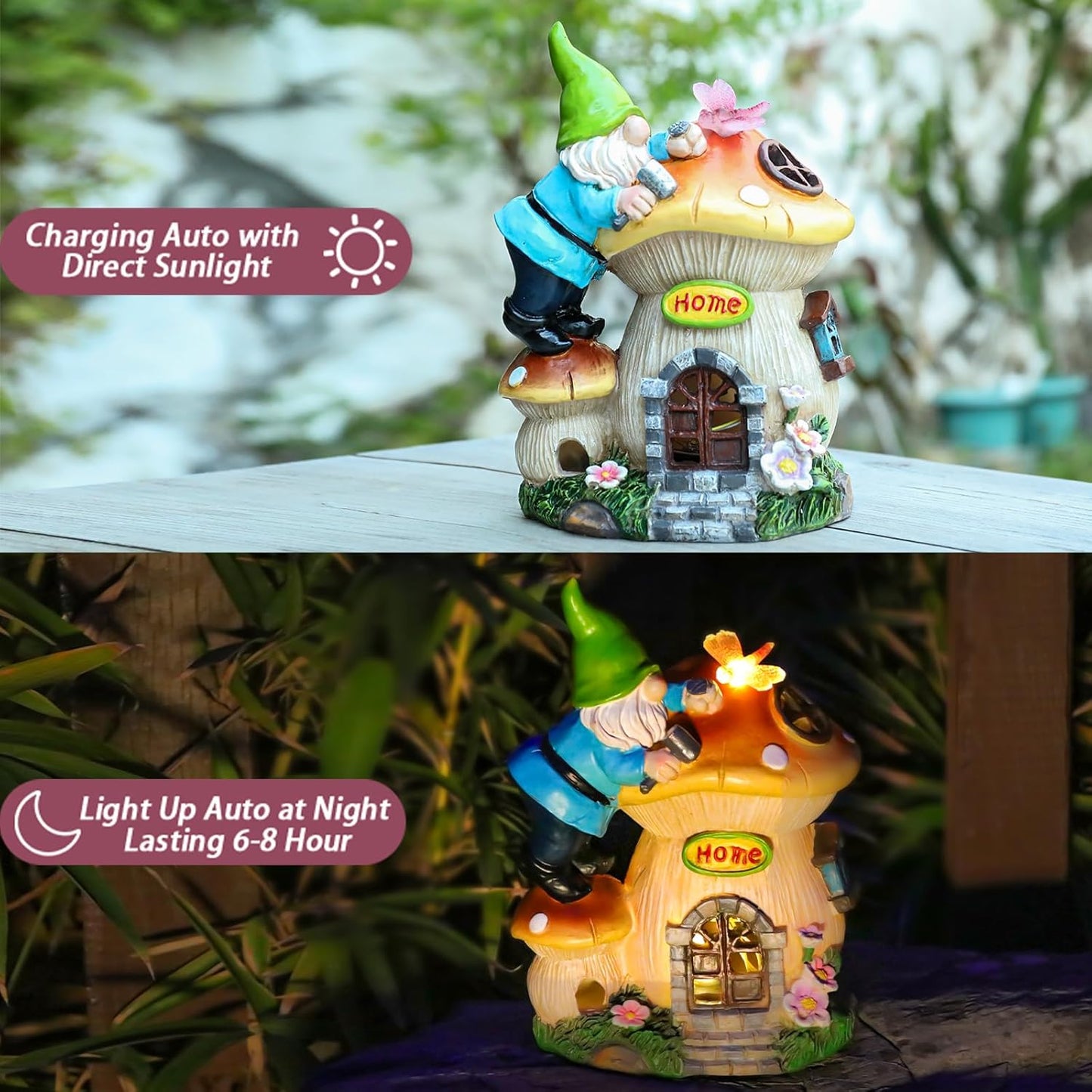 Garden Gnome Statue - Solar Powered Gnome Lights Decoration Outdoor Figurines for Yard with Gnome Building Mushroom House, Lawn Ornaments for Porch Balcony Patio Decor, Gifts for Mom Grandma