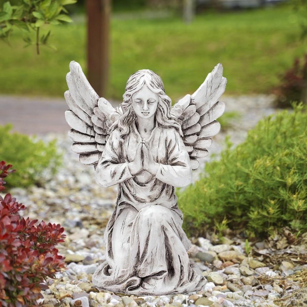 Praying Angel Garden Statue – Outdoor Kneeling Angel Figurine for Yard, Patio, Memorial Decor, Resin Sculpture, Housewarming Ornament Present