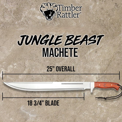 Timber Rattler Jungle Beast Machete | 18 3/4" Stainless Steel Blade | Secure Wooden Handle | Stainless Steel Guard | Durable Nylon Sheath Included | 25" Overall Length