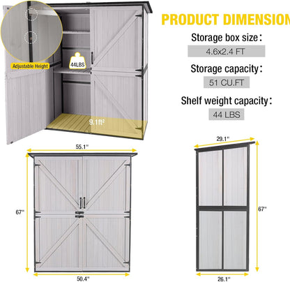Aivituvin Outdoor Storage Shed Upgraded with Strong Metal Frame Garden Tool Shed Storage House Cabinet with Adjustable Shelfs and Wooden Floor 4.6 x 2.42FT (Off-White)