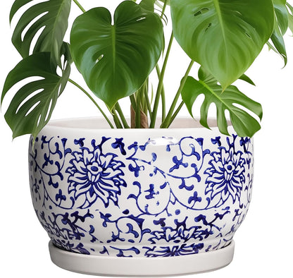 SQOWL Ceramic Pots for Plants - 10 Inch Ceramic Flower Pots with Drainage Hole and Saucer, Round Large Planter Indoor, Decorative Porcelain Planter Outdoor, Home Decor, Birthday Gifts, Blue and White