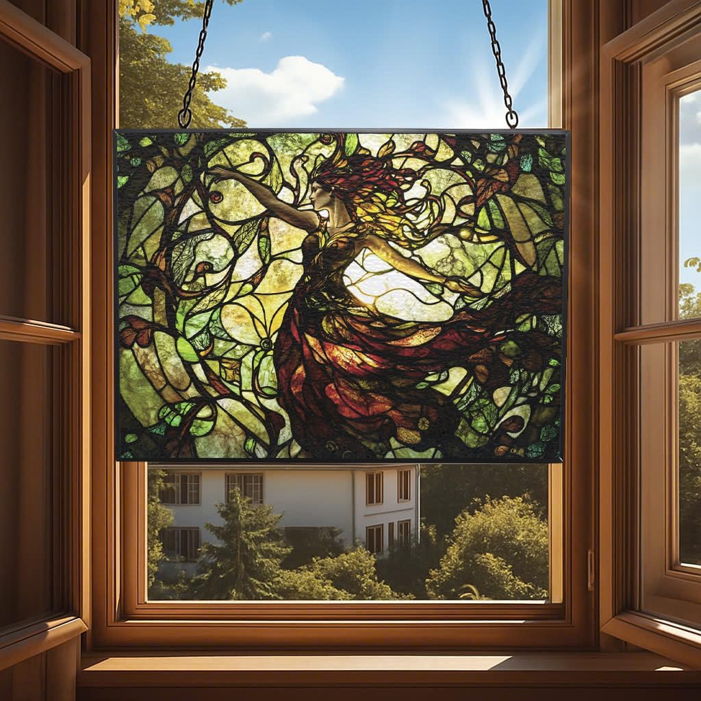Customized Rectangle Art Nouveau Vine Dryad Stained Glass Suncatcher Window Hangings, Suncatchers Glass Panel Sun Catchers Gifts Home Decor Garden Christmas Halloween Wedding